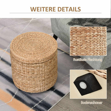 Footstool with storage, removable lid, straw rattan, khaki