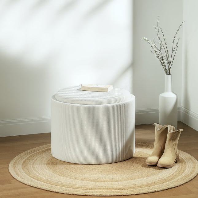 Kruk met opbergruimte kruk met deksel, ronde voetenbank gestoffeerde kruk salontafel met koordlook 56 x 56 x 42 cm crèmewit |