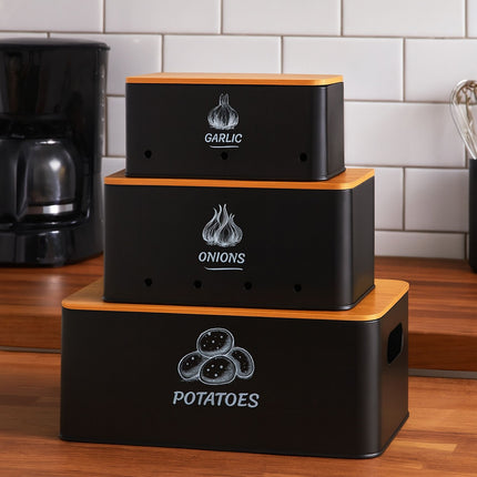 Storage Box Set, 3 Pcs, Metal with Bamboo Lids