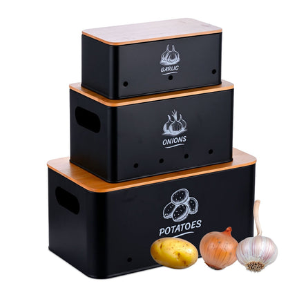 Storage Box Set, 3 Pcs, Metal with Bamboo Lids