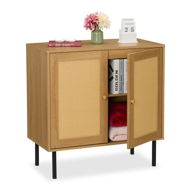 Storage Cabinet with 2 Rattan-Style Doors, Wood Finish