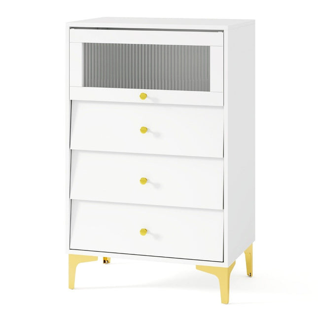 Storage Cabinet with 3 Drawers, Flip Glass Door, White