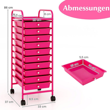 Storage Cart with 10 Drawers, Hot Pink, 33x37x86 cm