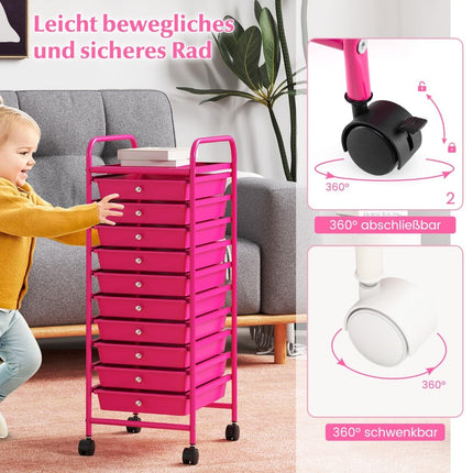 Storage Cart with 10 Drawers, Hot Pink, 33x37x86 cm