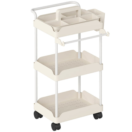 Storage Cart with 3 Baskets, Towel Holder, Wheels, White