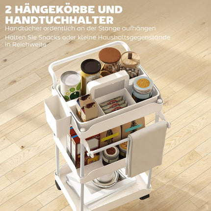 Storage Cart with 3 Baskets, Towel Holder, Wheels, White