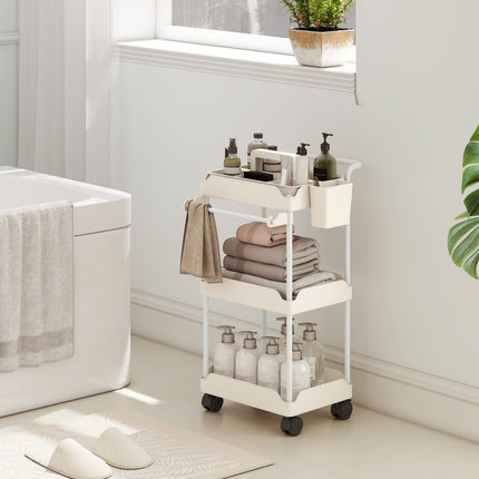 Storage Cart with 3 Baskets, Towel Holder, Wheels, White