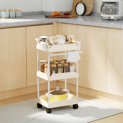 Storage Cart with 3 Baskets, Towel Holder, Wheels, White