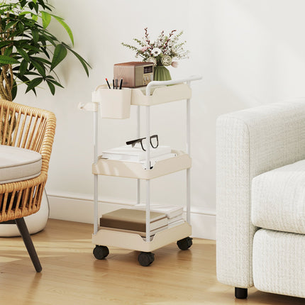 Storage Cart with 3 Baskets, Towel Holder, Wheels, White