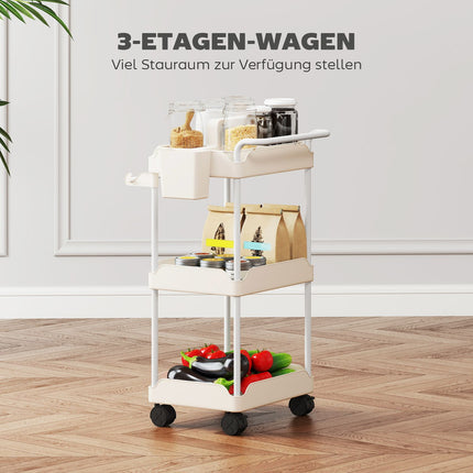 Storage Cart with 3 Baskets, Towel Holder, Wheels, White