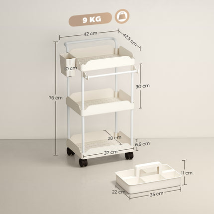 Storage Cart with 3 Baskets, Towel Holder, Wheels, White