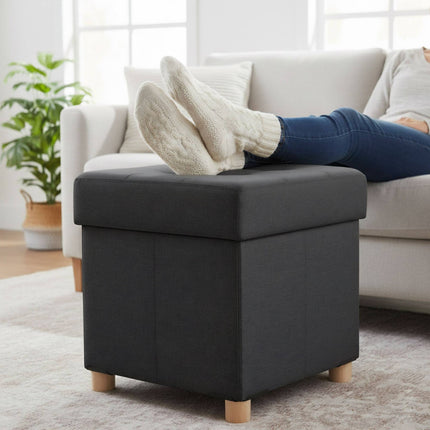Storage Cube Stool with Upholstered Seat and Wooden Legs