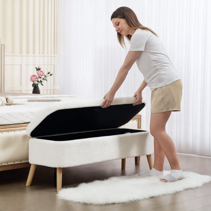 Storage Ottoman, 65L, Fleece, Rubberwood, 120x42x45 cm, Cream