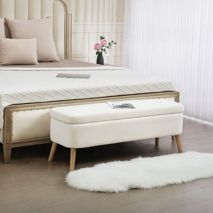 Storage Ottoman, 65L, Fleece, Rubberwood, 120x42x45 cm, Cream