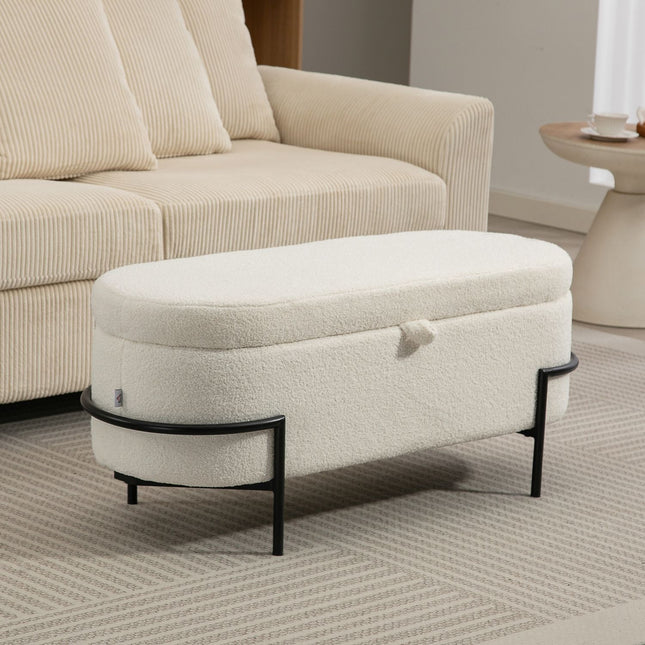 Storage Ottoman, Cream Fleece, Steel Legs