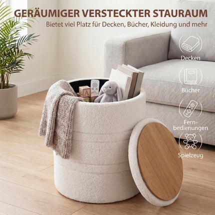 Storage Ottoman, Round Sherpa Stool, Reversible Lid, White