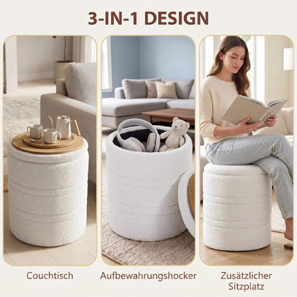 Storage Ottoman, Round Sherpa Stool, Reversible Lid, White
