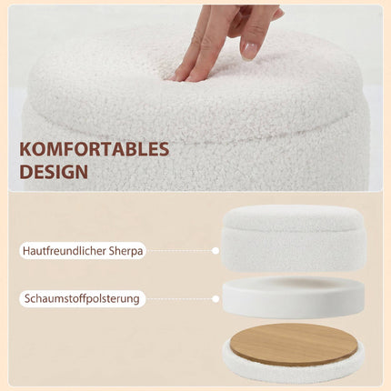 Storage Ottoman, Round Sherpa Stool, Reversible Lid, White