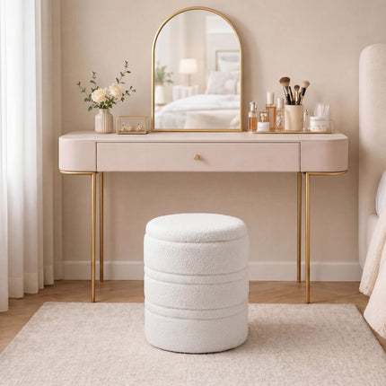 Storage Ottoman, Round Sherpa Stool, Reversible Lid, White