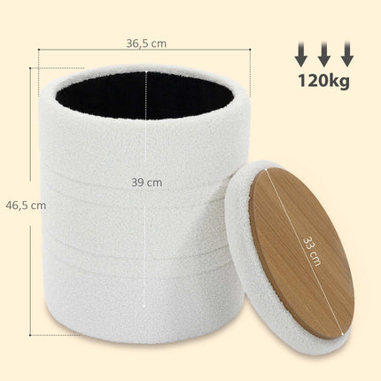 Storage Ottoman, Round Sherpa Stool, Reversible Lid, White