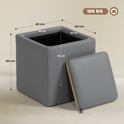 Storage Ottoman, Square Faux Leather, 40x40x40 cm, Gray