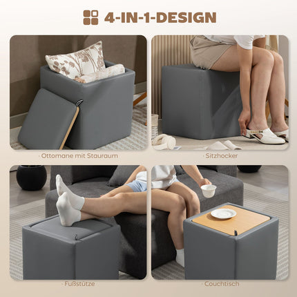 Storage Ottoman, Square Faux Leather, 40x40x40 cm, Gray
