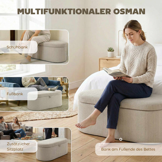Storage Ottoman with Cord Upholstery, 105 x 51 x 49 cm, Beige