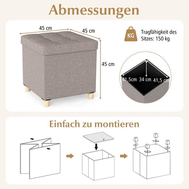 Opbergpoef met linnen stof, 53,5L, grijs, 45x45x45 cm