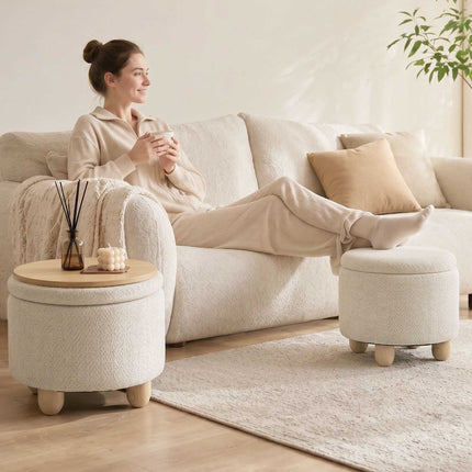 Storage Ottoman with Reversible Lid, Beige Linen, 38.5x33.5 cm