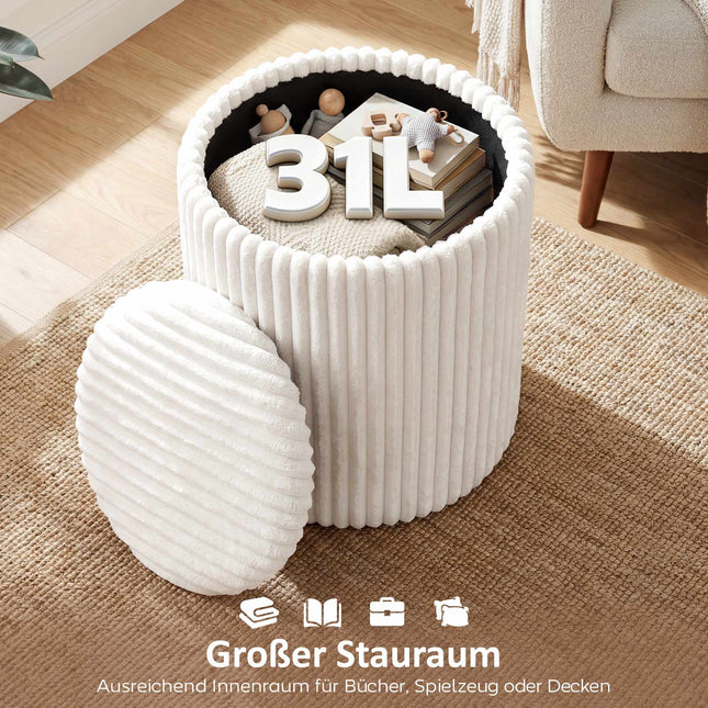 Storage Ottoman with Reversible Lid, White Corduroy, 35x35x45 cm