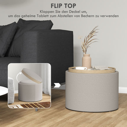 Storage Ottoman with Tray, Light Grey, Linen Look, 56x56x42 cm