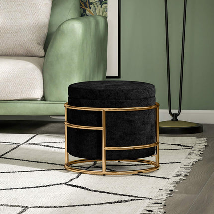 Storage Ottoman with Velvet, Black, Gold Metal Frame