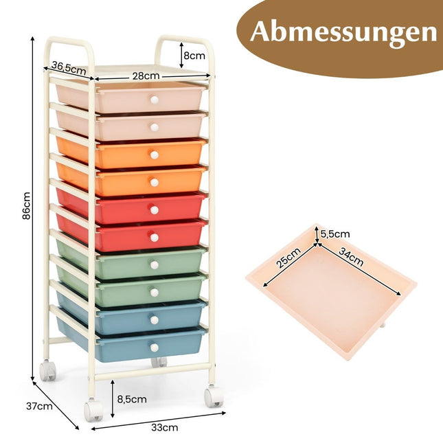 Storage Trolley with 10 Stackable Plastic Drawers