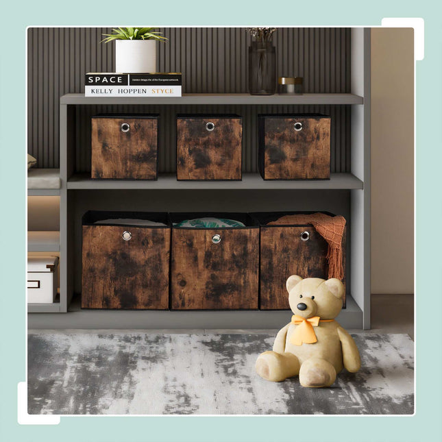 Storage box in fabric with a wooden look, 6-pack