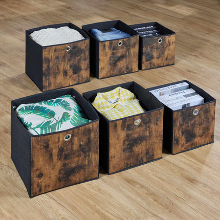 Storage box in fabric with a wooden look, 6-pack