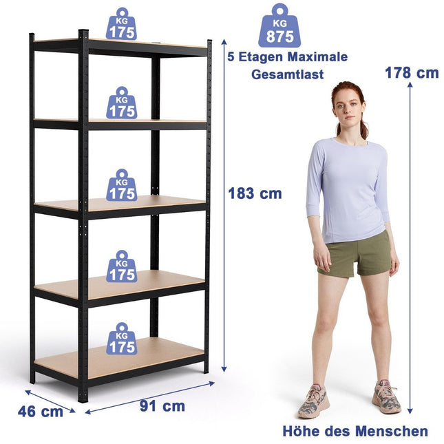 Storage shelf, heavy-duty shelf, plug-in shelf, metal shelf, 5 levels, workshop shelf, 91 x 46 x 183 cm, black
