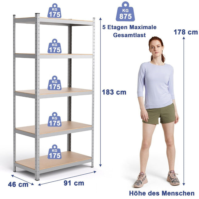 Storage shelf, heavy-duty shelf, plug-in shelf, metal shelf, 5 levels, workshop shelf, 91 x 46 x 183 cm, silver