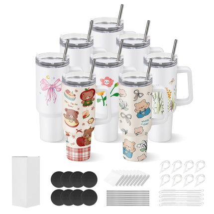 Sublimation Tumblers 8-Pack, 40 oz, Handle, Lids, Straws
