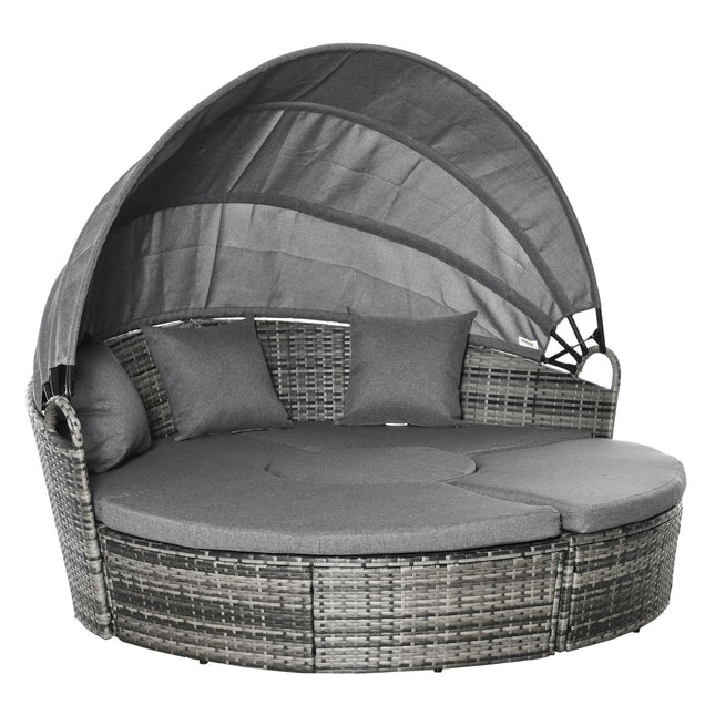 Rattan lounge set with canopy, cushions and table, grey