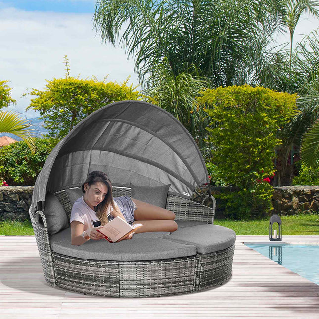 Rattan lounge set with canopy, cushions and table, grey