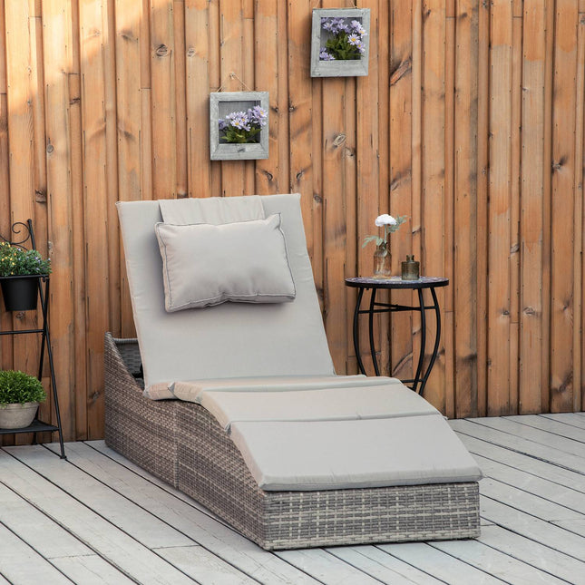 Adjustable sun lounger in the poly rattan with cushion, foldable 2-in-1 design