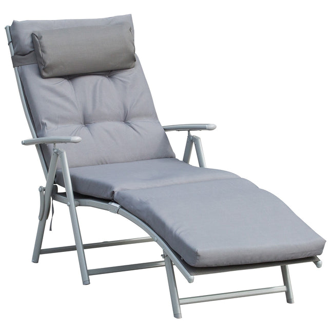 Adjustable gray sun lounger with cushion, folding metal