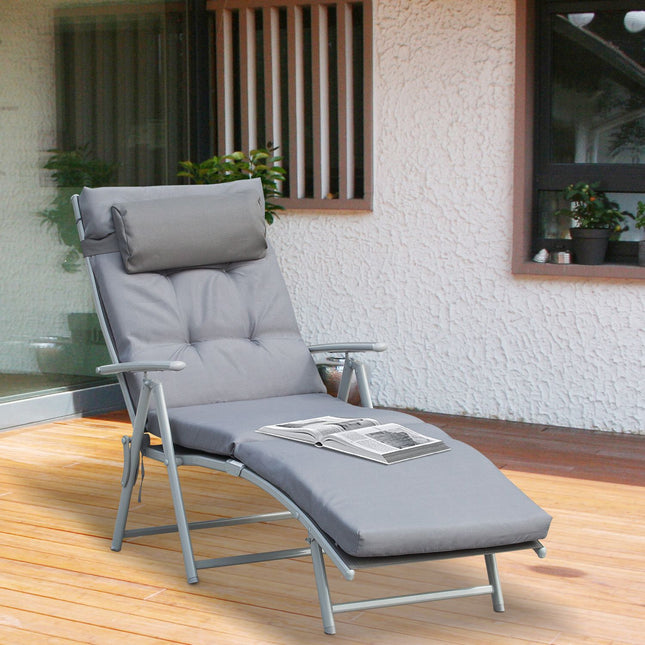 Adjustable gray sun lounger with cushion, folding metal