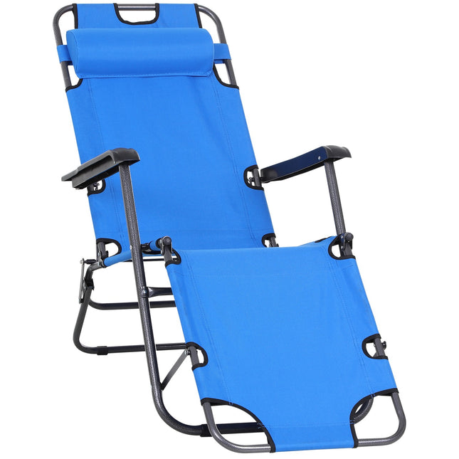Folding sun lounger in blue metal - 2-tier, Oxford fabric
