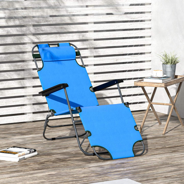 Folding sun lounger in blue metal - 2-tier, Oxford fabric