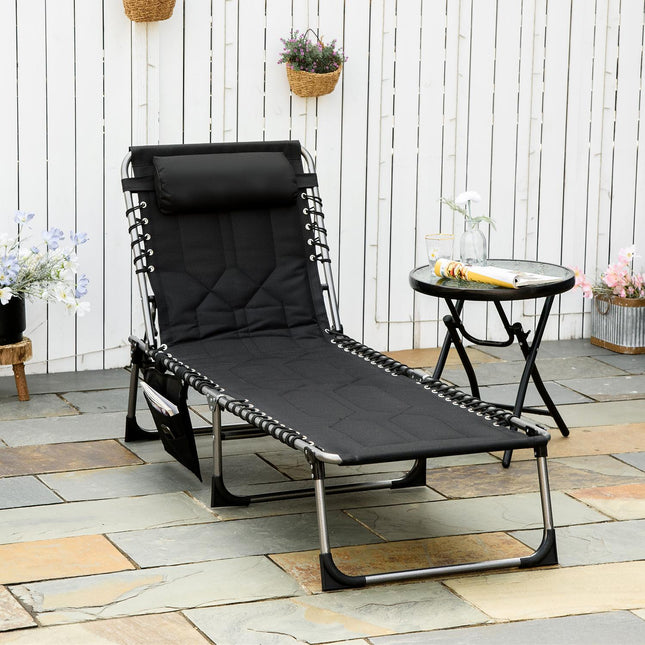 Folding garden sun lounger with cushion, adjustable backrest