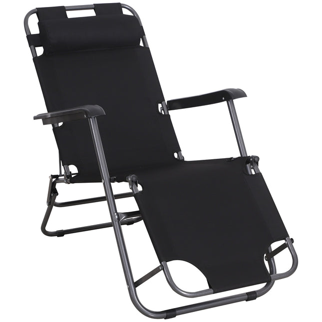Folding sun lounger with cushion, black metal & Oxford fabric