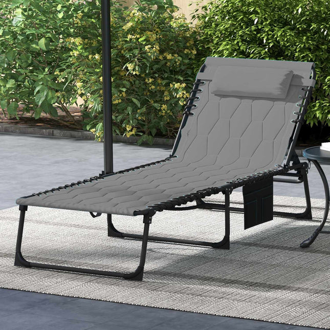Folding sun lounger, adjustable backrest, cushion, grey