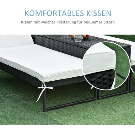 Adjustable sun lounger set: 3-piece, rattan & polyester, black/cream