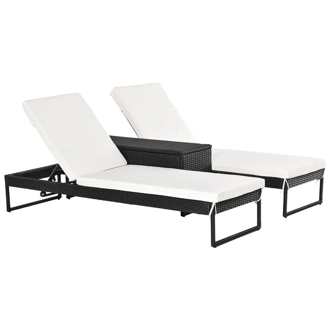 Adjustable sun lounger set: 3-piece, rattan & polyester, black/cream